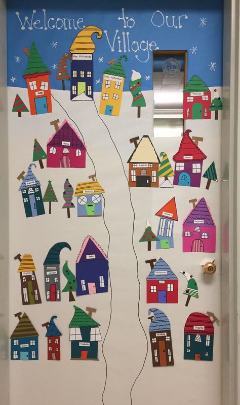 Our Classroom Village Door Gingerbread Village Classroom Door, Elementary Door Decorating Ideas Christmas, Christmas Village Classroom Door, Gingerbread Village School Hallway, Christmas Village Bulletin Board, Christmas Village Door Decorating, Classroom Door Christmas Ideas, Classroom Door Winter, Christmas Office Door