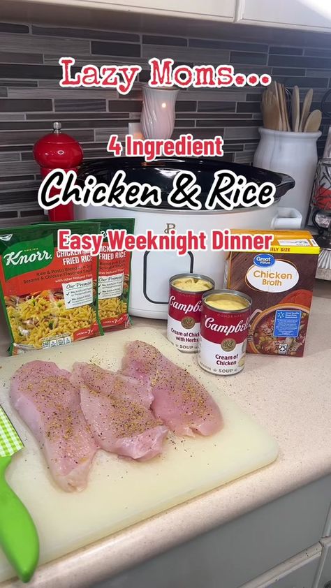 4 Ingredient Crockpot Chicken & Rice! This amazing Crockpot Link is i... | chicken and rice crockpot | TikTok Easy Cheap Chicken Crockpot Recipes, Easy Chicken Rice Crockpot Recipes, Knorr Rice And Chicken Bake Crockpot, Rice A Roni Crockpot Chicken, Crockpot Chicken And Rice A Roni, Crock Pot Chicken And Knorr Rice, Chicken And Wild Rice Crockpot, Chicken N Rice Crockpot, Chicken And Rice In Crockpot Easy