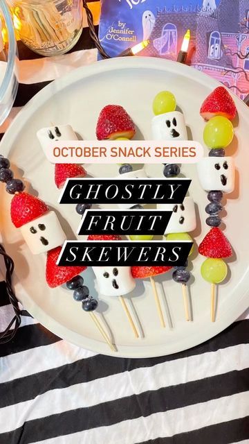 The Rising Chefs | Kim | Wife & Mama on Instagram: "October Snack Series: Ghostly Fruit Skewers This is a fun build your own snack (BYOS). We went on a bike ride and built these while we had a picnic. They are easy to plan for and pack for an outing. Ingredients: Strawberries Blueberries Grapes Skewers Black writing gel, @bettycrocker #snack #snacks #snacktime #bettycrocker #marshmello #fruit #strawberry #blueberry #grapes #ghost #halloween #october #fall #autumn #buildyourownsnack #kidswh Ghost Fruit Kabobs, Halloween Fruit Treats For School, Halloween Fruit Cabob, Monster Fruit Tray, Ghost Fruit Skewers, Fruit Halloween Snacks, Halloween Grapes, Halloween Fruit Skewers, Halloween Fruit Kabobs