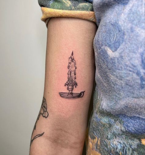 Candle stick tattoo. Fine line. Tattoos. Unique. Candle Stick Tatoos, Hand Holding Candle Tattoo, Candle Stick Tattoo Design, Fine Line Candle Tattoo, Vintage Lantern Tattoo, Candlelight Tattoo, Fine Line Tattoos Arm, Candle Holder Tattoo, November Rain Tattoo