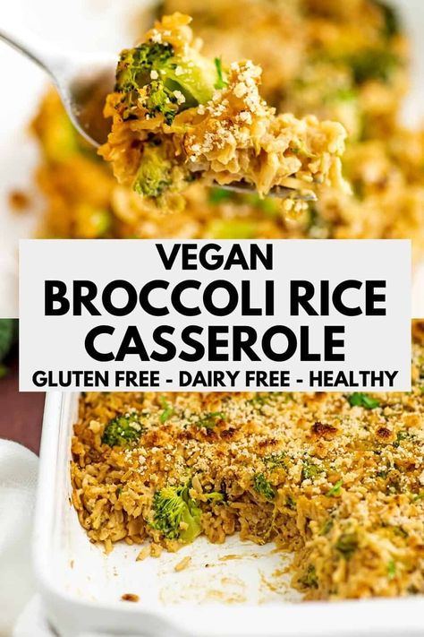 Vegan Broccoli Rice Casserole - Vegan, Dairy Free, Gluten Free, Meal Prep - this creamy broccoli casserole is easy to make, ready in under 30 minutes and a great use for leftover rice. This healthy recipe is budget friendly and the thick, creamy, cheesy sauce is made without soup! Dairy Free Comfort Food, Vegan Broccoli Casserole, Creamy Broccoli Casserole, Cheesy Rice Casserole, Leftover Rice Recipes, Gluten Free Meal Prep, Vegan Broccoli, Wild Rice Casserole, Broccoli Rice Casserole