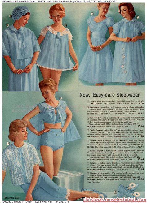 1960 Sears Christmas Book, Page 184 - Christmas Catalogs & Holiday Wishbooks Vintage Christmas Outfit, Babydoll Pajamas, Baby Doll Pajamas, 1960s Lingerie, Vintage Sleepwear, Patron Vintage, Vintage Pajamas, Lingerie Vintage, Retro Lingerie