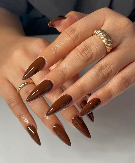 Oval Acrylic Nails, Long Almond Nails, Brown Acrylic Nails, Brown Nail, Brown Nails Design, Aesthetic Nails, Color Nails, Almond Acrylic Nails, Oval Nails