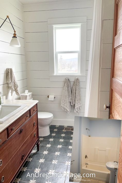 Farmhouse main bathroom before and after reno from a windowless box to a spa-like retreat with lots of ideas to add old-house character. Old House Renovation Bathroom, Renovated Old Farmhouse, New England Farmhouse Bathroom, Cottage Home Renovation, 1910 House Remodel, Bathroom 1900 Style, Cottage Remodel Before And After, Renovate 1900 House, Vintage House Remodel