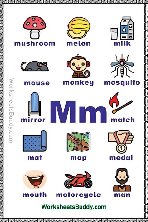 M Word Family Worksheets - Preschool Letter M Words Worksheets Letter M For Kindergarten, Family Words Activity, Letter M Pictures, Letter M Words, Letter M Activities For Preschool, Phonic Book, Letter M Worksheet, Preschool Letter M, Letter M Activities