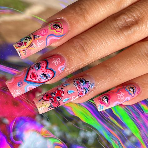 Patricia Core, Trippy Nail Art, Trippy Nails, Urban Nails, Purple Acrylic Nails, Hippie Nails, Nail Drawing, Edgy Nails, White Acrylic Nails