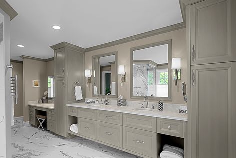 Large master bathroom has gray stained custom vanity with two full height linen cabinets and make-up vanity. Designed and built by Benvenuti and Stein for Winnetka, IL home. #grayvanity #customvanity #graybathroom #doublesinkvanity #largebathroom #bathroomsconces #modernbathroom #transitionalcabinets Built In Bathroom Vanity, Large Bathroom Remodel, Large Bathroom Vanity, Built In Vanity, Bathroom With Makeup Vanity, Master Bath Vanity, Relaxing Bathroom, Custom Bathroom Vanity, Bathroom Vanity Designs