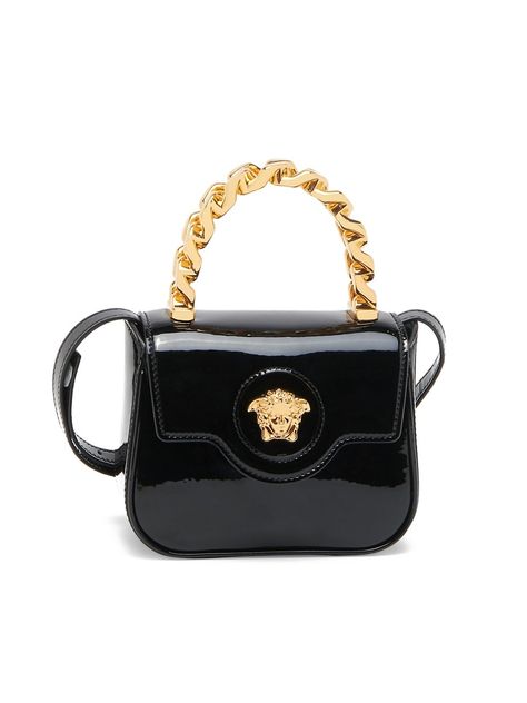 Versace Bag, Versace Gold, Chain Top, Medusa Head, Versace Bags, Mini Handbags, Beauty Bag, Black Patent Leather, Leather Mini