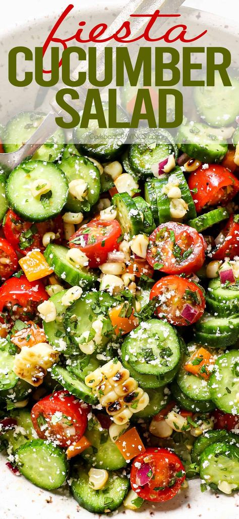 Easy Mexican Cucumber Salad Recipe - Carlsbad Cravings Taco Cucumber Salad, Non Traditional Salads, Mexican Inspired Salad, Mexican Themed Potluck Ideas, Cucamelon Salad, Cheap Salads For A Crowd, Mexican Cucumber Salad, Mexican Side Salad, Mexican Vegetable Sides