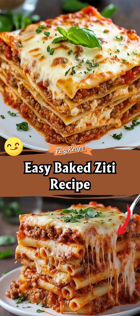 Discover the simple joys of an Easy Baked Ziti Recipe, where tender ziti noodles intermingle with a rich tomato sauce and a trio of cheeses. This dish is a foolproof option for those seeking a hearty, comforting meal without the fuss. Perfect for feeding a crowd or enjoying as leftovers, it's a staple recipe that never disappoints. #BakedZiti #EasyRecipes #ComfortFood Ziti With Sour Cream Recipe, Christmas Cheesy Easy Baked Ziti, Baked Ziti For 2, Skillet Baked Ziti, Lazy Day Ziti, Easy Ziti Recipes, One Pot Ziti, Ziti Recipes Easy, Bake Ziti Recipe