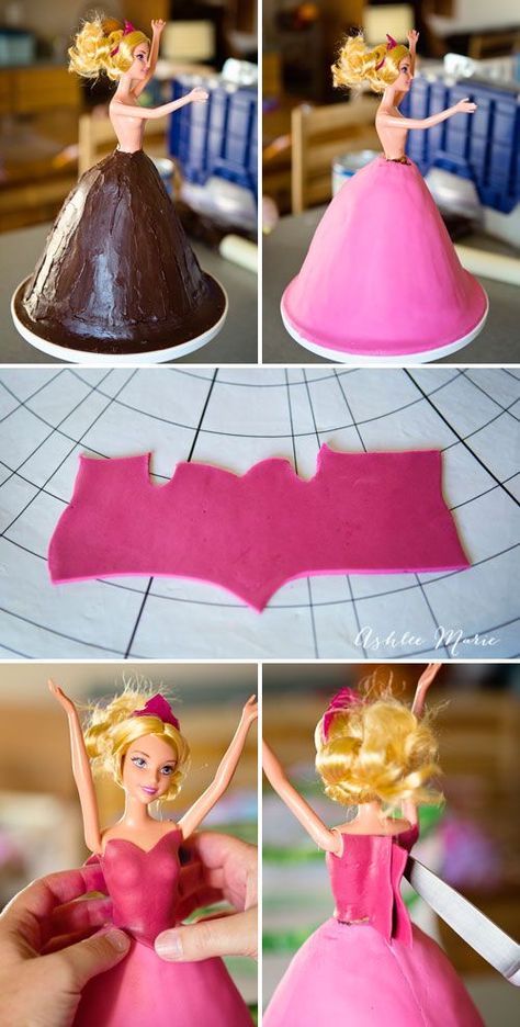 covering your princess cake with ganache and fondant and creating the bodice, sleeping beauty princess birthday cake tutorial Barbie Cake Fondant, Kue Fondant, Princess Doll Cake, Barbie Doll Cake, Bolo Rapunzel, Birthday Cake Tutorial, Sleeping Beauty Princess, Barbie Doll Cakes, Princess Birthday Cake