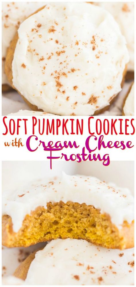 Soft, tender, spiced pumpkin cookies, with creamy, sweet cream cheese frosting! #pumpkin #pumpkincookies #creamcheese #fallbaking #pumpkinrecipesth Pumpkin Cookies With Cream Cheese, Pumpkin Cookies Easy, Cookies With Cream Cheese Frosting, Soft Pumpkin Cookies, Cookies With Cream Cheese, Pumpkin Cookie Recipe, Cream Cheese Frosting Recipe, Cream Cheese Cookies, Spiced Pumpkin