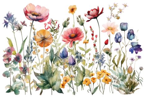 Wildflower Mural, Wildflower Drawing, Wildflower Paintings, Birthday Illustration, Watercolor Wallpaper, Flower Clipart, Free Graphics, Free Vectors, Flower Images