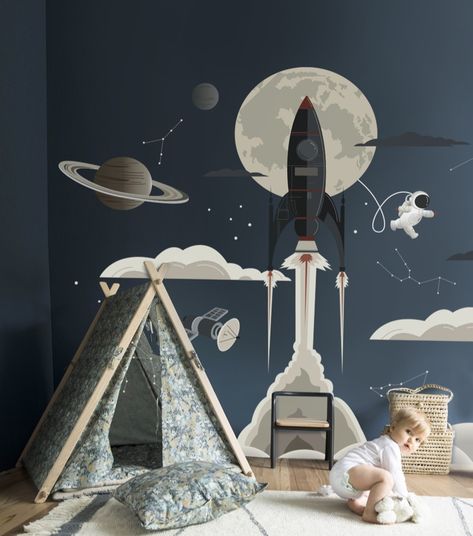 The product size is 84 inches (width) x 66 inches (height). Rocket Bed, Bunk Bed Room, Grandkids Room, Rockets For Kids, Galaxy Planets, Star Galaxy, Space Room, Space Rocket, Wall Decal Sticker