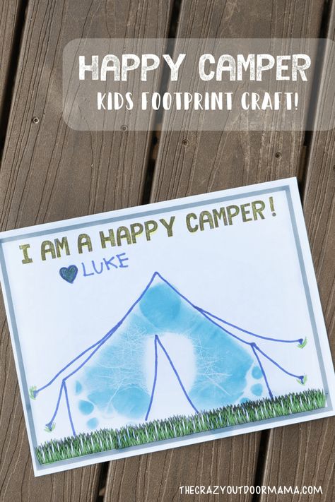 Check out this cute kid camping craft idea "I'm a happy camper!" using your childs foorprint! This simple camping craft is perfect to remember that first family trip with your baby, or perhaps even your preschoolers fun summer camp! Camping Craft, Tent Craft, Camping Crafts For Kids, Camping With Toddlers, Camping Activities For Kids, Camping Journal, Footprint Craft, Camping Theme Party, Footprint Crafts