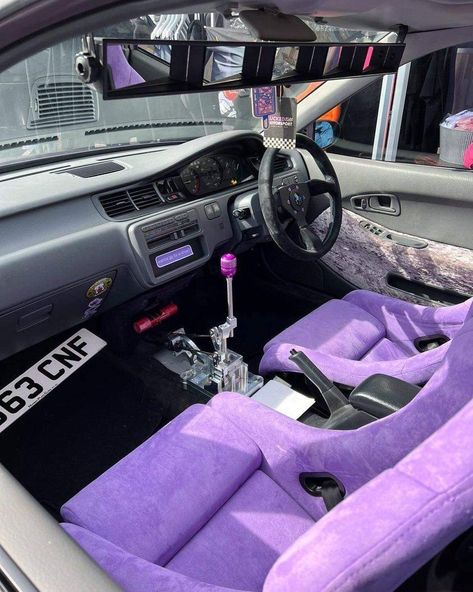 Velvet Car Interior, Purple Car Interior Ideas, Pimped Out Car Interior, Car Interior Modification, Purple Car Interior Aesthetic, Purple Interior Car, Drift Car Interior, Car Tuning Ideas, Purple Car Interior