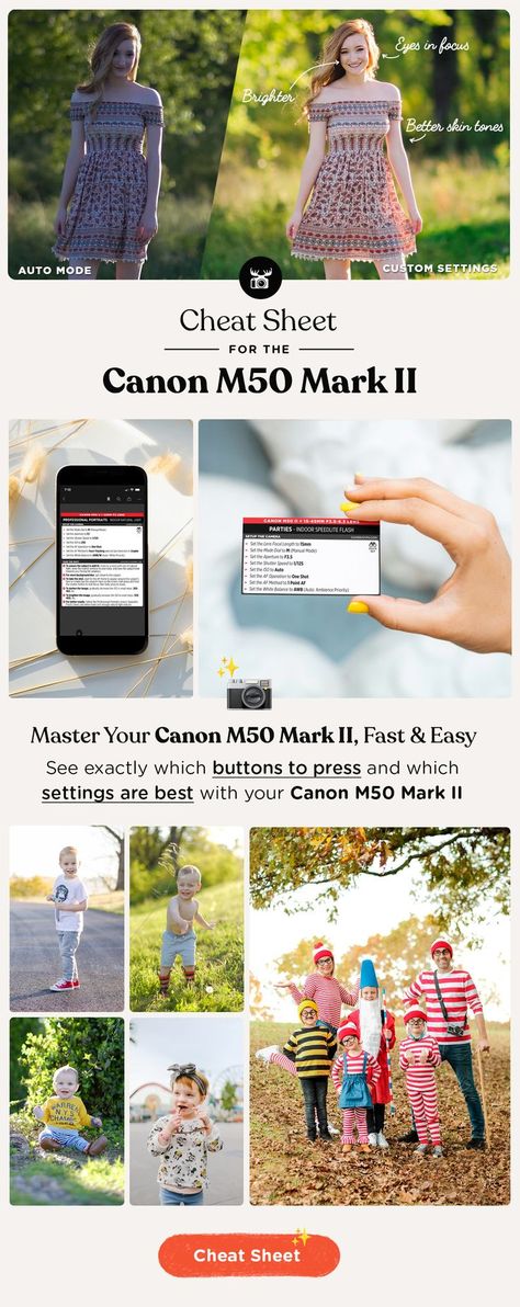 Master your Canon EOS M50 Mark II, fast and easy with my beginner friendly walkthrough cheat sheet. See exactly which buttons to press and which settings are best for 39 popular photography scenarios, like portraits, landscapes, recitals, sports and more. Canon M50 Mark Ii, Random Hobbies, Canon R7, Eos 2000d, Canon M50, Camera Tricks, Beginner Photography, Myanmar Art, Photography Settings