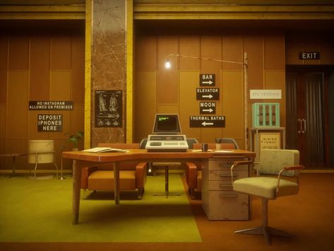 80s Office, The Grand Budapest Hotel, 70s Interior, Old Office, Retro Interior Design, Retro Office, Grand Budapest Hotel, Grand Budapest, Substance Designer