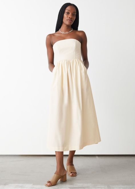 For a Dressy Event: & Other Stories Voluminous Bandeau Midi Dress Registry Office Wedding Dress, Aria Dress, Registry Office Wedding, Cream Midi Dress, Flora Dress, Silk Wedding Dress, White Midi, Bandeau Dress, Dress Cream