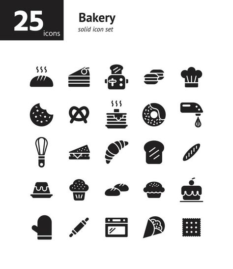 Bakery solid icon set. Bakery Icon, Yay Images, Icon Set, Vector Graphics, Vector Free, Vector Illustration, Web Design, Stock Images, Clip Art