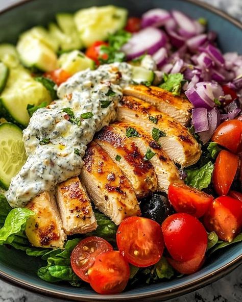 Recipes Cookery | 🥗 Mediterranean Chicken Salad with Creamy Tzatziki 🥒 | Facebook Mediterranean Chicken Salad, Spinach Salad With Chicken, Mediterranean Chicken, Creamy Spinach, Eating Clean, Boneless Skinless Chicken, Spinach Salad, Mixed Greens, Culinary Arts