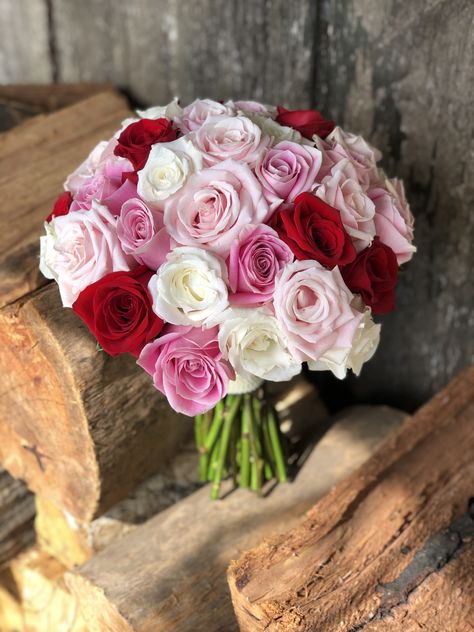 Bridal Bouquet of white, soft pink, candy pink and red roses Red Rose Bouquet Wedding, Rose Centerpieces Wedding, Pink Roses Wedding, White Rose Bouquet, White Roses Wedding, White And Pink Roses, Wedding Flower Packages, Red Rose Wedding, Rose Bridal Bouquet