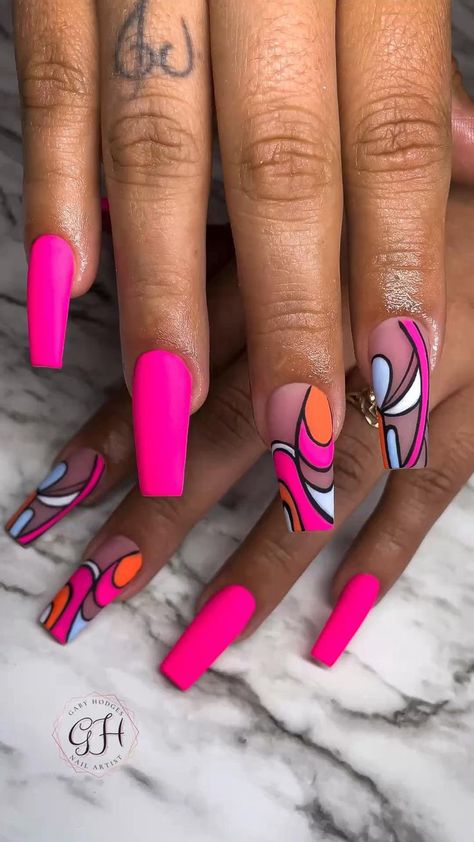 Long Pink Abstract 💖 Follow me on Instagram for more @GabyHodgesNails. Link in Bio!! in 2022 | Girls nail designs, Summery nails, Acrylic nails coffin pink Vacation Nails Black Women, Geometric Nails, Matte Pink Nails, Girls Nail Designs, Pop Art Nails, Abstract Nails, Sassy Nails, Trendy Nail Art Designs, Colorful Nails