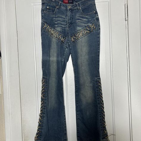 Western y2k jeans Size 7 Waist:30” Inseam:31”... - Depop Y2k Washed Denim Blue Bottoms, Y2k Denim Blue Washed Bottoms, Distressed High-waist Y2k Bottoms, Y2k Distressed Dark Wash Bottoms, Y2k Distressed Denim Pants, Y2k Jeans, Light Blue Denim, Jeans Size, Blue Denim