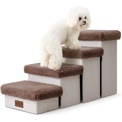 Each step has a useful storage space, perfect for storing pet toys, clothes, snacks and any other pet supplies and accessories you can think of. Each step of the ladder is less than 5 inches, especially more suitable for puppies and pets with knee injuries. NOTE: Be sure to check first whether the SIZE of the dog stairs is suitable for your needs. Tucker Murphy Pet™ Color: Brown | Tucker Murphy Pet™ Dog Storage Stairs for Bed white / in Brown | 17.71" H X 13" W X 33.07" D | Wayfair Stairs For Bed, Cat Ramp, Dog Storage, Bed Stairs, Dog Stairs, Cat Steps, Pet Stairs, High Beds, Dog Ramp