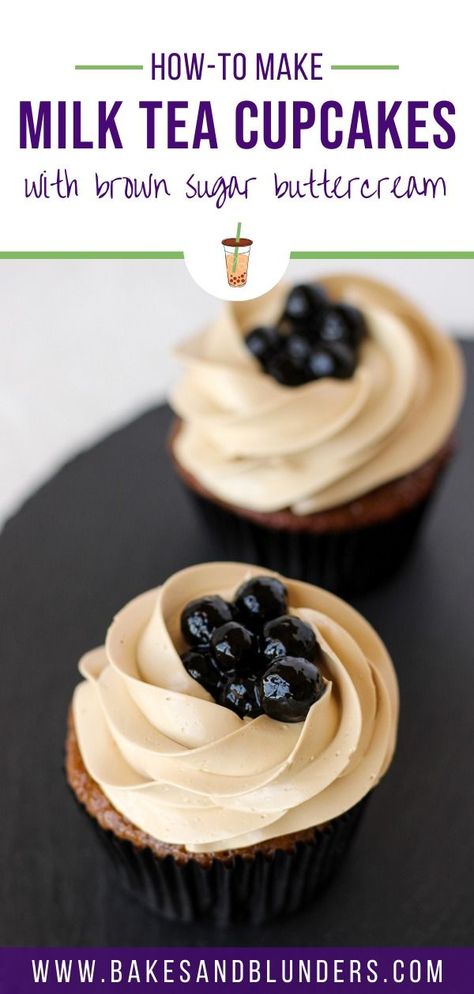 Milk tea cupcakes with boba pearls are one of my all time favorite desserts! The soft cupcake is made with a black tea infused evaporated milk for ultimate flavor impact. But the brown sugar Swiss meringue buttercream is what really makes this treat memorable. Get the recipe from Bakes & Blunders. #boba #cupcakes Brown Sugar Buttercream, Tea Cupcakes, Boba Tea Recipe, Boba Shop, Boozy Cupcakes, Tea Cup Cake, Boba Pearls, Unique Cupcakes, Party Sweets