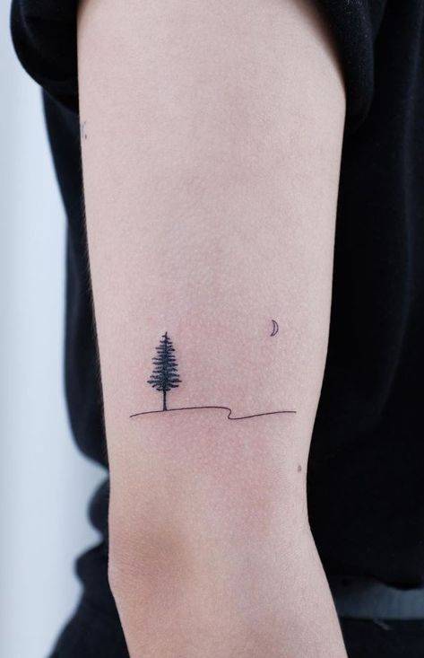 The Best Tiny Tattoos Of All Time - TheTatt Minimalist Nature Tattoos Men, Tattoo Camping Nature, Nature Simple Tattoo, Tattoo Ideas Outdoors, Minimalist Tattoo Nature, Nature Line Tattoo, Earthy Tattoos Nature Simple, Out Of The Woods Tattoo, Minimal Nature Tattoo