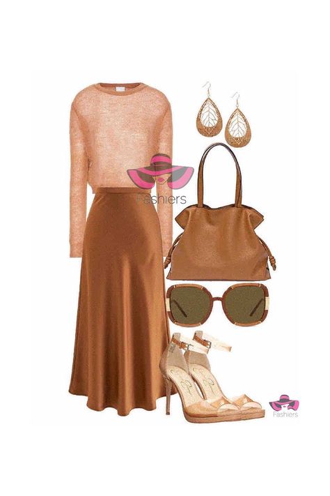 Monochromatic style! Caramel satin maxi skirt, camel tone sweater top camel sandals and camel tone tote bag with brown sunglasses and drop earrings #wardrobegoals #stylegoals #wardrobeguide #ootdstyle #wardrobebasics #ootdblogger Monochromatic Style, Camel Sandals, Satin Maxi Skirt, Brown Sunglasses, Fashion Styling, Satin Maxi, Fashion App, Best Brands, Wardrobe Basics