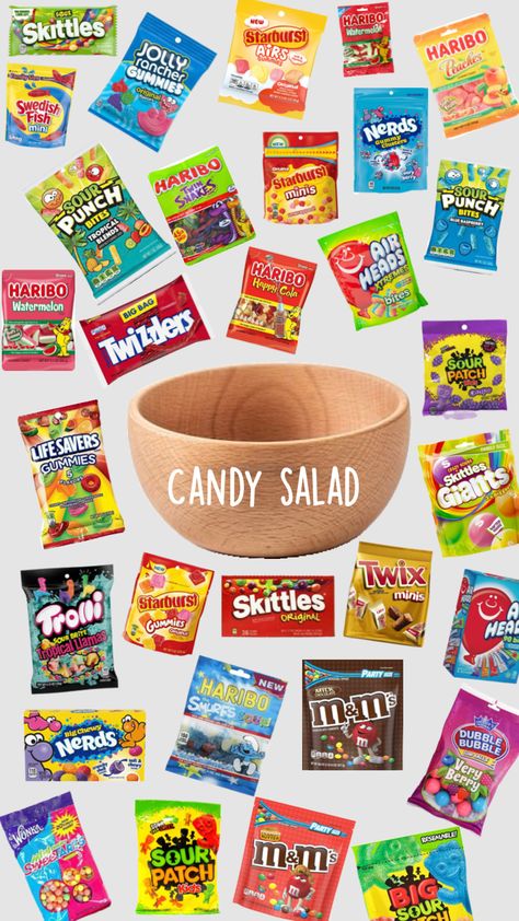 What’s ur favorite candy? Candy For Sleepovers, Candy Salad Ideas, Sleepover Snacks Aesthetic, Sleepover Food Snacks, Fun Sleepover Activities, Candy Salad, Sleepover Snacks, Fun Sleepover Games, Birthday Sleepover Ideas