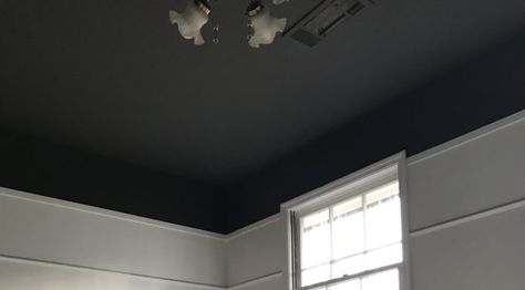 Bedroom With Black Ceiling, Dark Bedroom Ceiling, Black Bedroom Ceiling, Black Ceiling Bedroom, Dark Ceiling Light Walls, Southern Veggies, Diy Bedroom Makeover, Painting The Ceiling, High Ceiling Bedroom