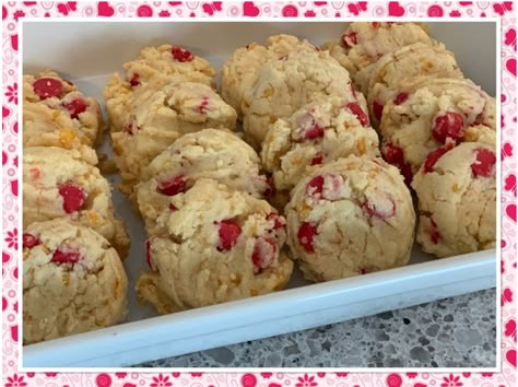 Cherry Cornflake Cookies, Cherry Chip Recipes, Recipe Tin Project Cherry Cookies, Cookies With Corn Flakes, Dried Cherry Cookies, Dried Cherry White Chocolate Chip Cookies, Cherry Chip Cookies, Cookie With Cherry In Middle, Chips Recipes