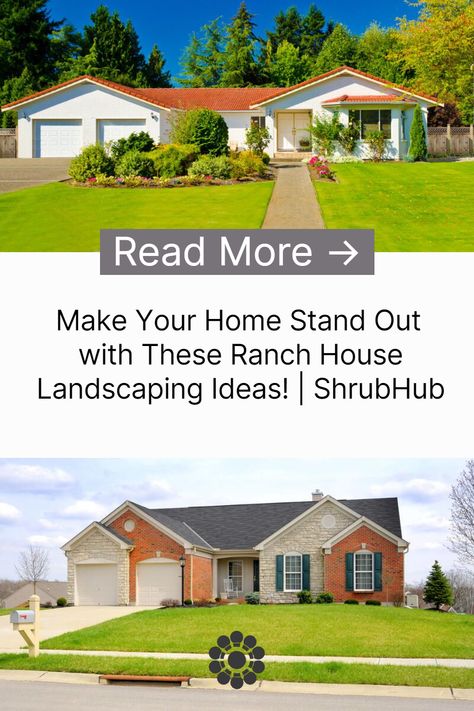 In this article, we're sharing some of the best design ideas and tips to elevate your ranch-style home's landscaping. Ranch Style Home Landscaping, Landscaping Front Yard Ranch Style House, L Shaped Ranch Exterior, Ranch Home Landscaping Front Yard, Brick Ranch Curb Appeal, Landscaping Ranch Style Homes, 1950s Ranch House Exterior, Ranch Home Landscaping, Ranch House Landscaping