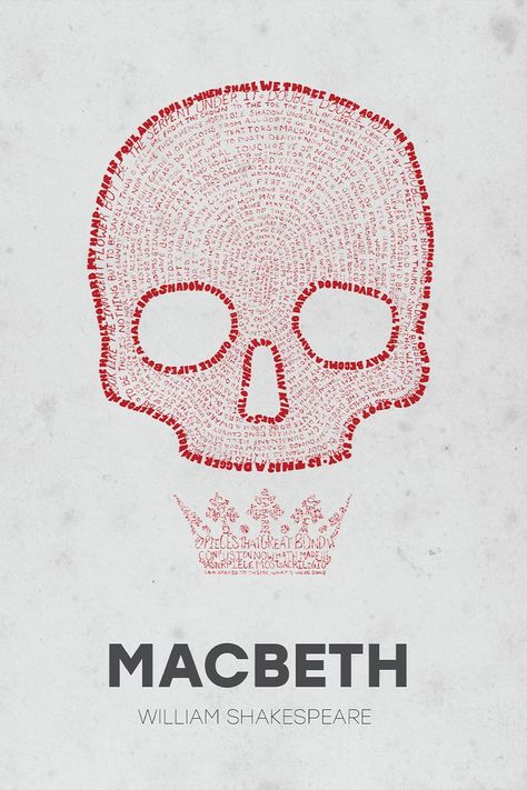 A light gray poster with a red skeleton made out of quotes from Macbeth. Below that is a crown made out of quotes. The words Macbeth and William Shakespeare sit below that. Macbeth Book, W Quotes, Macbeth Poster, Macbeth Shakespeare, Macbeth Quotes, Macbeth William Shakespeare, Hand Drawn Poster, Drama Education, Teachers Office