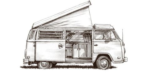 Van Tattoo Volkswagen, Volkswagen Van Drawing, Camper Van Tattoo, Vw Van Drawing, Volkswagen Bus Drawing, Camper Van Drawing, Campervan Tattoo, Trip Drawing, Van Drawing