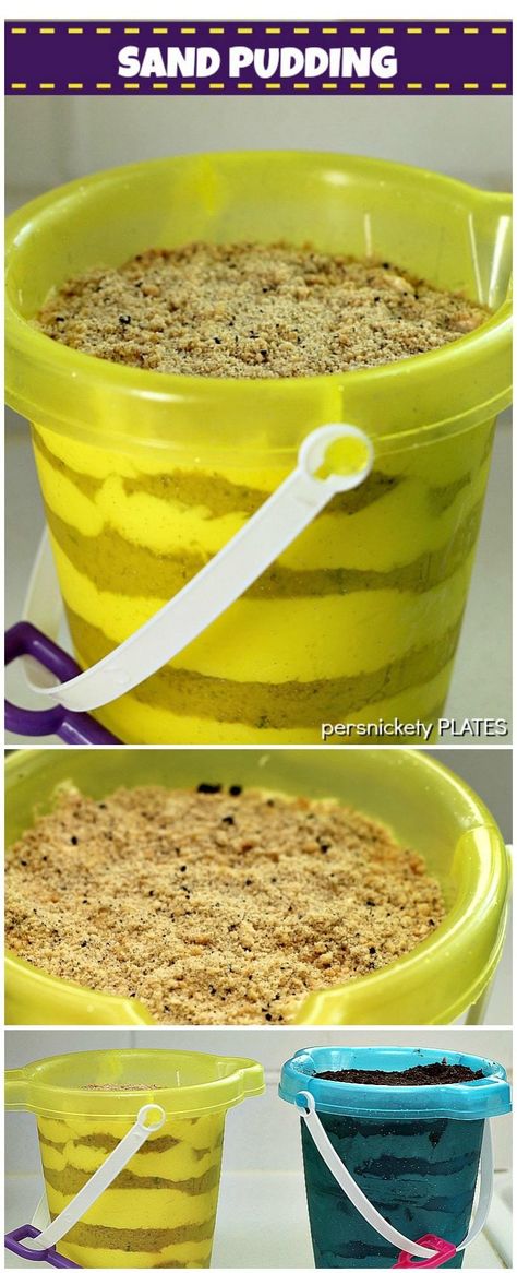 Sand Pudding Dessert, Sand Dessert, Sand Pudding, Beach Party Food, Dirt Dessert, Persnickety Plates, Beach Dessert, Sands Recipe, Sand Cake