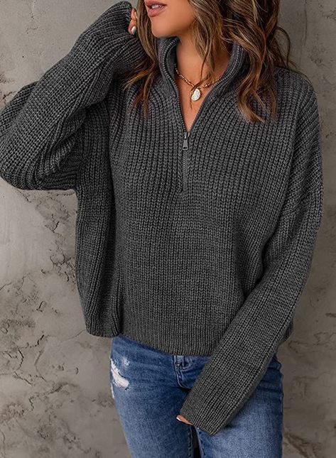 Zippered Sweater, Estilo Chic, Quarter Zip Sweater, Long Sleeve Pullover Sweater, Sleeves Clothing, Pullover Sweater Women, Looks Style, Shoulder Sweater, High Collar