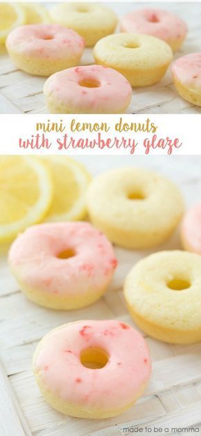 These Mini Lemon Donuts come together quickly by using a cake mix and are topped with a delicious fresh strawberry glaze. #dessert #donuts Fresh Strawberry Glaze, Donut Maker Recipes, Donat Glaze, Mini Donut Recipes, Made To Be A Momma, Donut Maker, Strawberry Glaze, Homemade Donuts, Doughnut Recipe