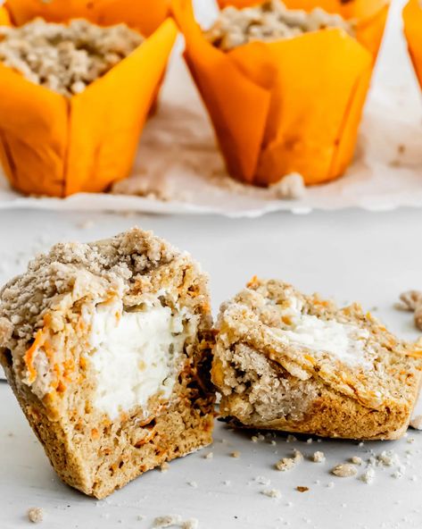 Cheesecake Stuffed Carrot Muffins | Bonni Bakery Carrot Cake Muffins Recipe, Carrot Cake Muffin Recipe, Carrot Muffin, Carrot Cheesecake, Muffins With Cream Cheese, Cheesecake Baked, Moist Carrot Cake, Homemade Baked Goods, Cheesecake Muffins