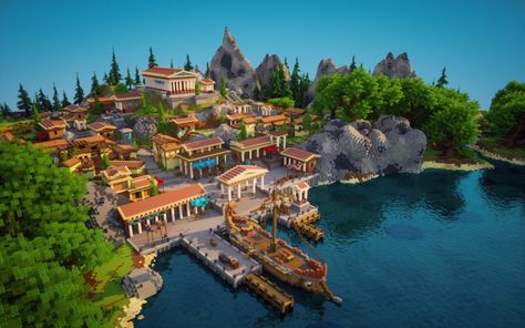 Greek Minecraft, Town Minecraft, Minecraft Castle Designs, Greek Buildings, Minecraft Town, Greek Village, Greek Town, Village Ideas, Minecraft Structures