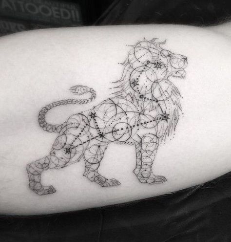 Leo tattoos are for people born in the Leo Zodiac Sign. If you are born between 23 July to 22 August then you are born under the Leo Zodiac Sign. Lion Constellation Tattoo, Pisces Leo Tattoo, Lion Star Sign Tattoo, Leo Tattoos Zodiac, Geometric Leo Tattoo, Leo Horoscope Tattoo, Lion Zodiac Tattoo, Leo Star Sign Tattoo, Leo Tattoo Ideas