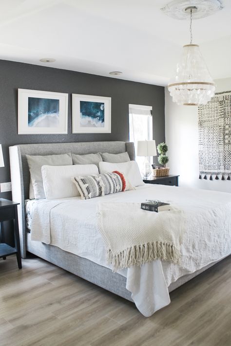 bedroom dark accent wall- kendal charcoal Gray Accent Wall Bedroom, Charcoal Bedroom, Dark Accent Walls, Gray Bedroom Walls, Bedroom Dark, Grey Accent Wall, Gray Walls, Accent Walls In Living Room, Accent Wall Bedroom