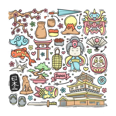 Premium Vector | Japan hand drawn doodle colorful Japan Doodle, Japanese Doodles, Doodle Colorful, Cat Balloons, Cute Bento, About Japan, Kawaii Faces, Japanese Dogs, Food Cartoon