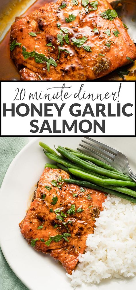 Tender salmon coated in an irresistible, 4-ingredient, sweet and savory sauce. This honey garlic salmon comes together in less than 20 minutes and will be your new favorite healthy ultra-fast meal. Honey Garlic Salmon, Garlic Salmon, Salmon Seasoning, Healthy Salmon, Salmon Dinner, Savory Sauce, Cooking Salmon, Honey Garlic, Sea Food