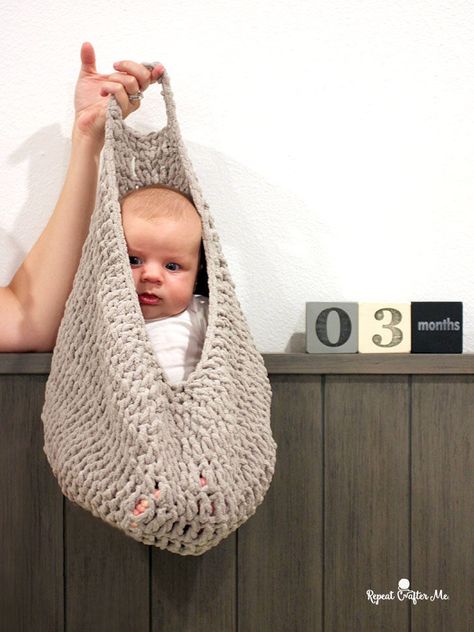 Crochet Hanging Sack Basket - Repeat Crafter Me Crochet Patterns Free Baby Boy, Crochet Baby Cocoon Pattern, Crochet Presents, Storing Stuffed Animals, Baby Cocoon Pattern, Boy Crochet Patterns, Crochet Baby Photo Prop, Crochet Patterns Baby Boy, Crochet Photo Props