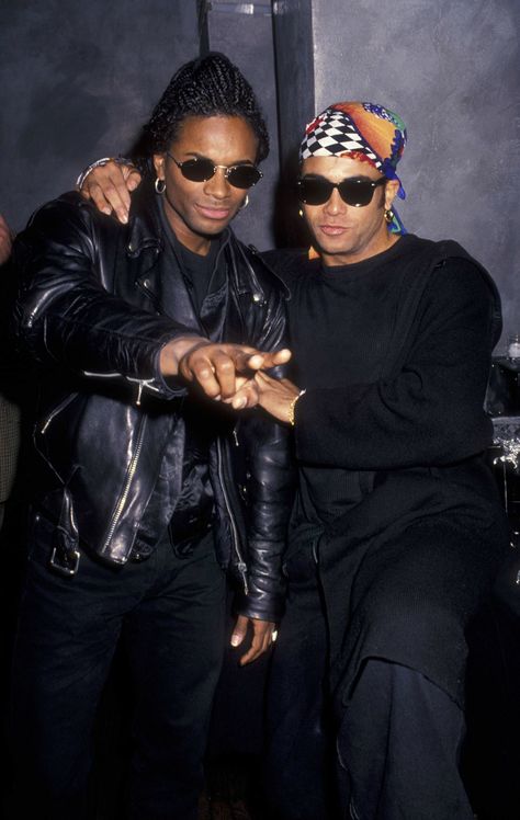 Rob&Fab on April 7 1993 attend Milli Vanilli Performance at Limelight in New York City Milli Vanilli, Wow Video, April 7, Bad Bunny, Beautiful One, York City, New York City, Leather Pants, Mens Sunglasses