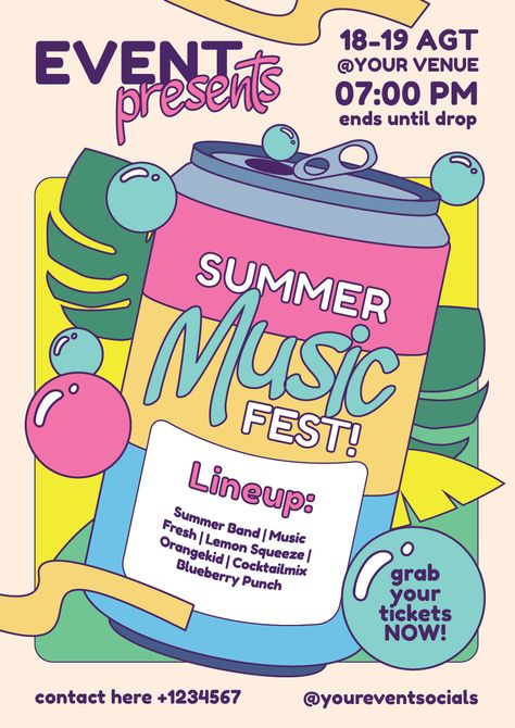 Editable vector poster template for summer music festival or events. Concert Marketing Ideas, Music Festival Invitation, School Festival Poster, Retro Music Festival Poster, Summer Concert Poster, Musical Festival Poster, Summer Festival Branding, Summer Festival Poster Design, Music Festival Graphic Design